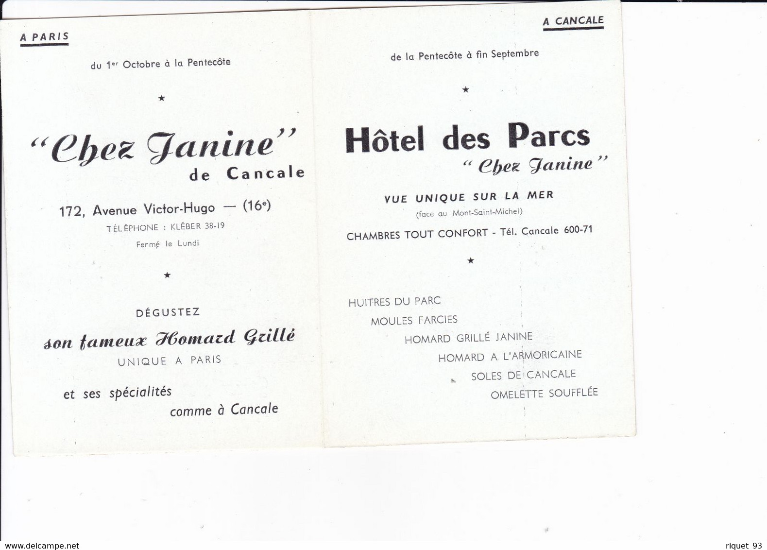 Janine De Cancale (35) - Restaurant-Hôtel Carte Commerciale 2 Volets - Werbung