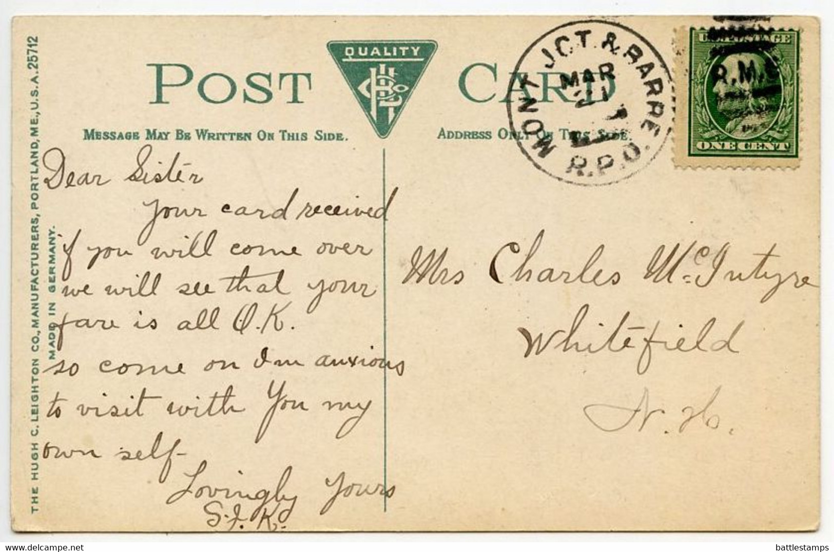 United States 1910's Postcard Barre, Vermont - Wells And Lampson Quarry; Mont. Jct. & Barre RPO Postmark - Barre
