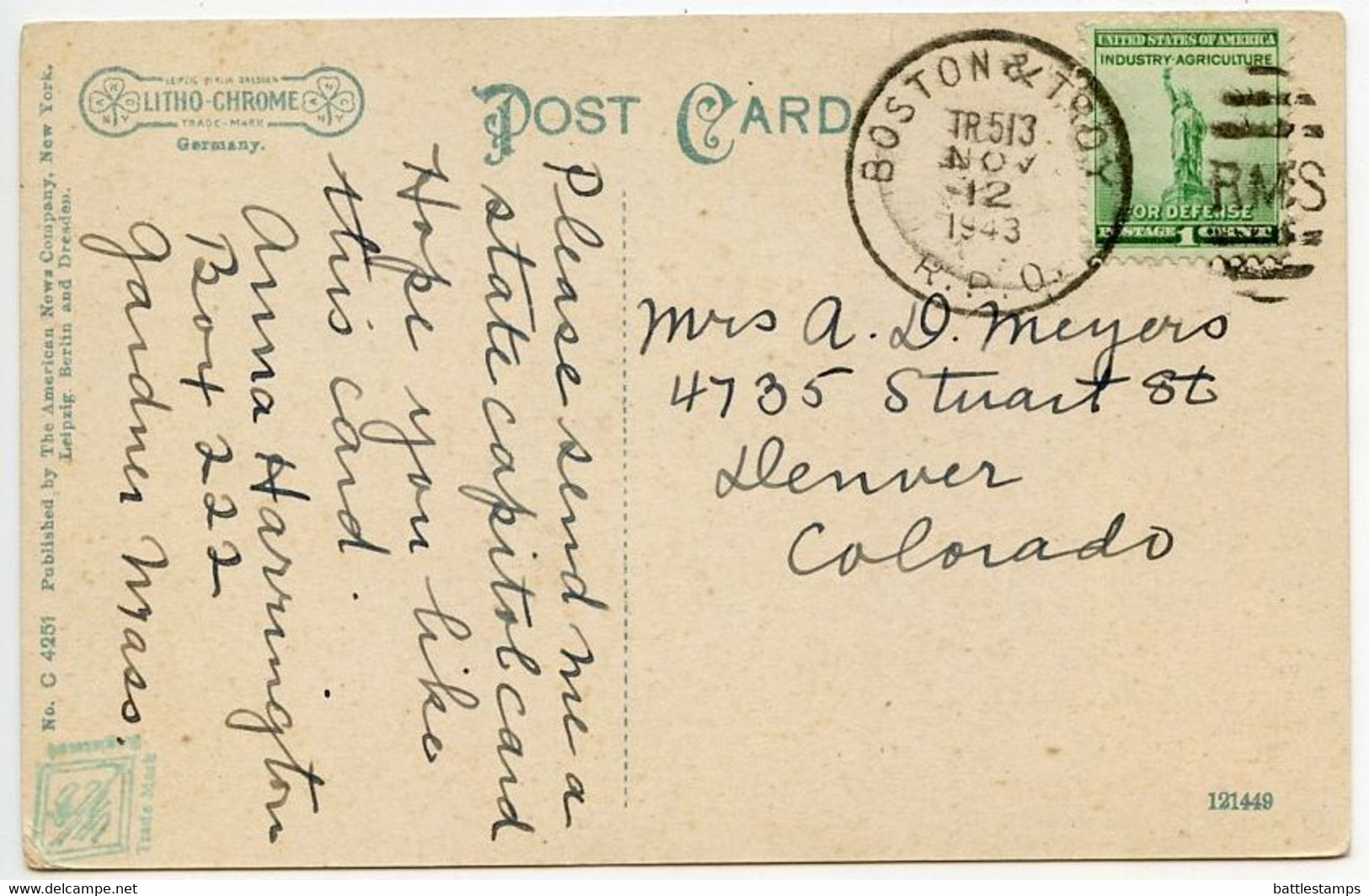 United States 1943 Postcard Fort Ticonderoga, Lake George, New York; Boston & Troy RPO Postmark - Lake George