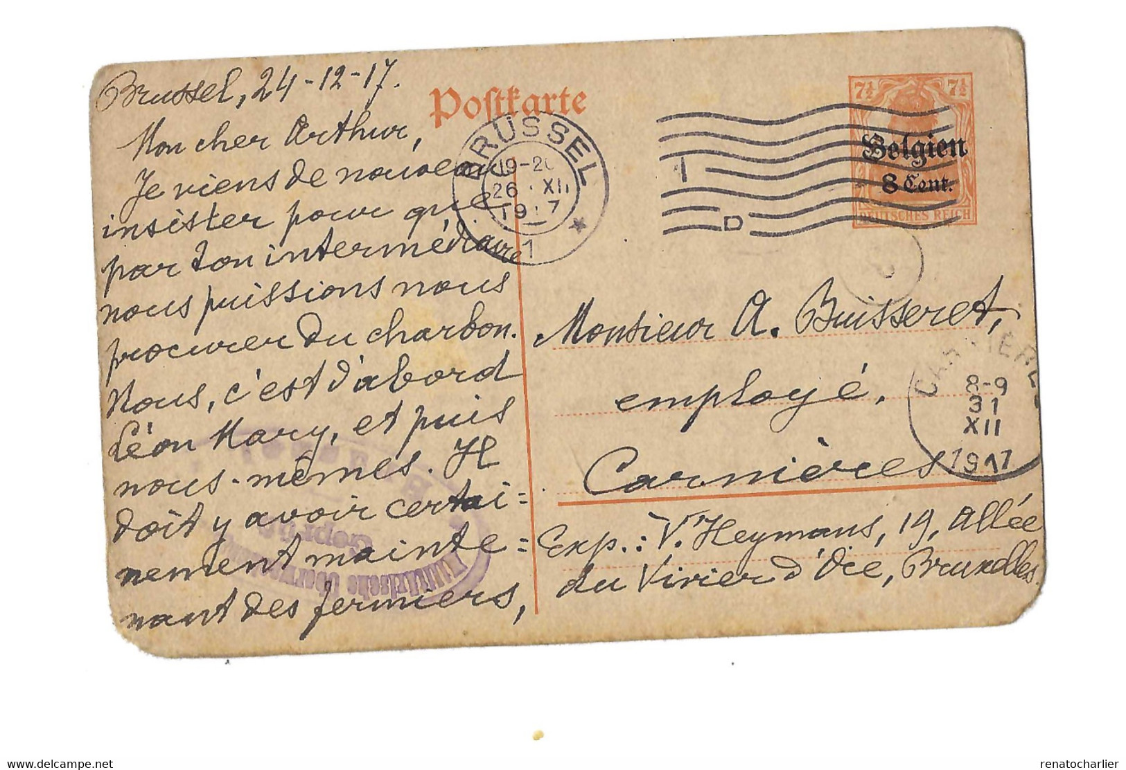 Entier Postal à 8 Centimes.Expédié De Bruxelles à Carnières.Censure "Brussel" - German Occupation