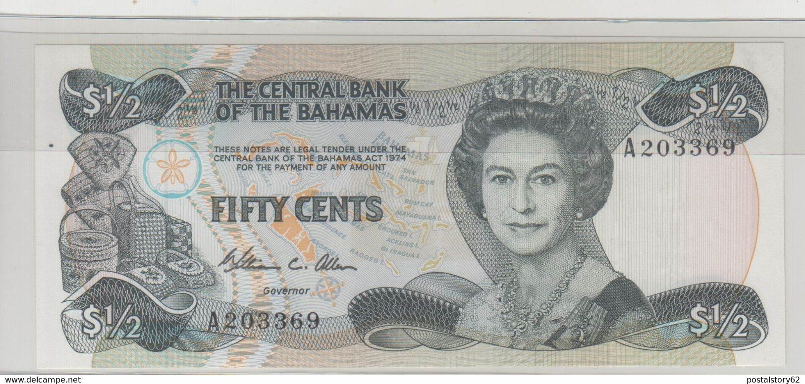 The Central Bank Of Bahamas Fifty Cents  Elisabetta II Pick 42a Unc.  L. 1974 ( 1984 ) - Bahama's