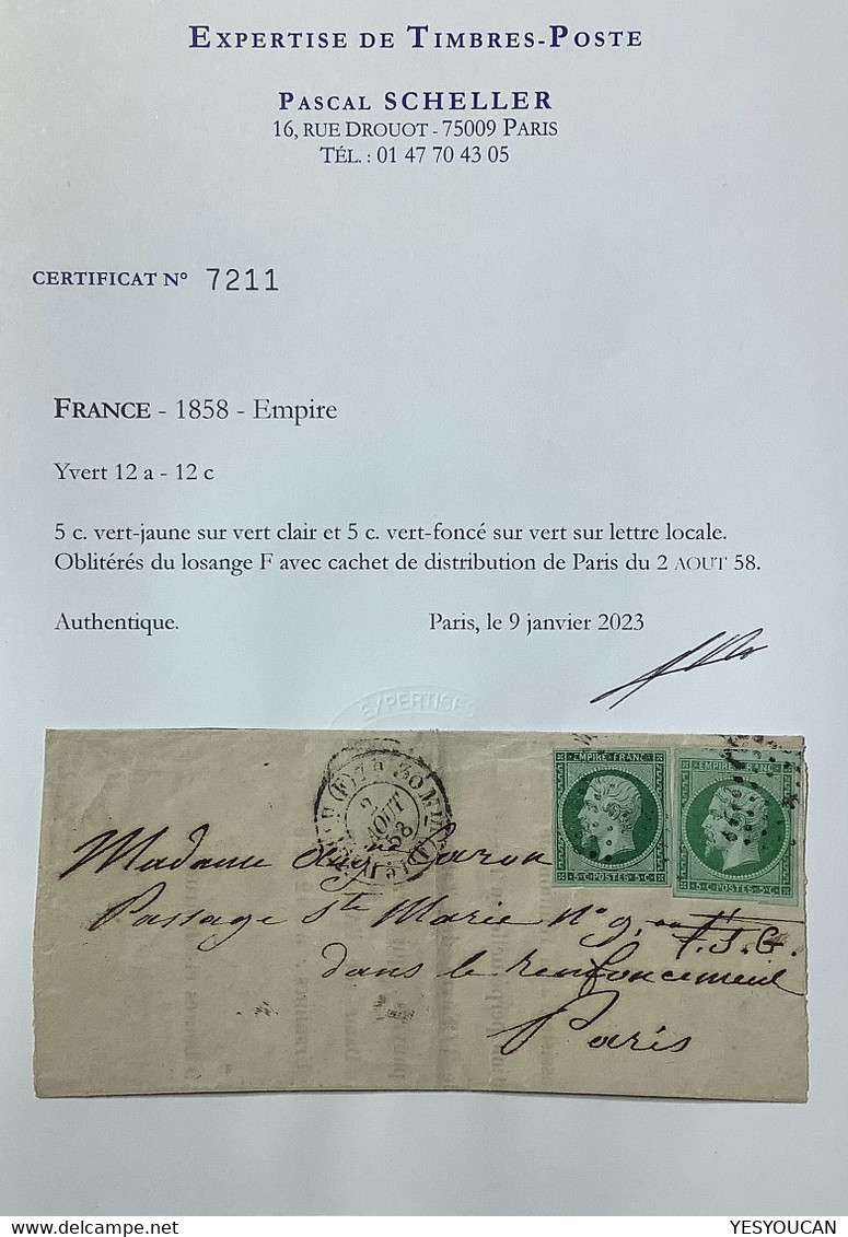 YT 12a+12c RARE AFFR. DEUX COULEUR DIFF. Sur Lettre Locale PARIS 1858, TTB Certificat Scheller (France 1858 Empire 5c - 1853-1860 Napoléon III.