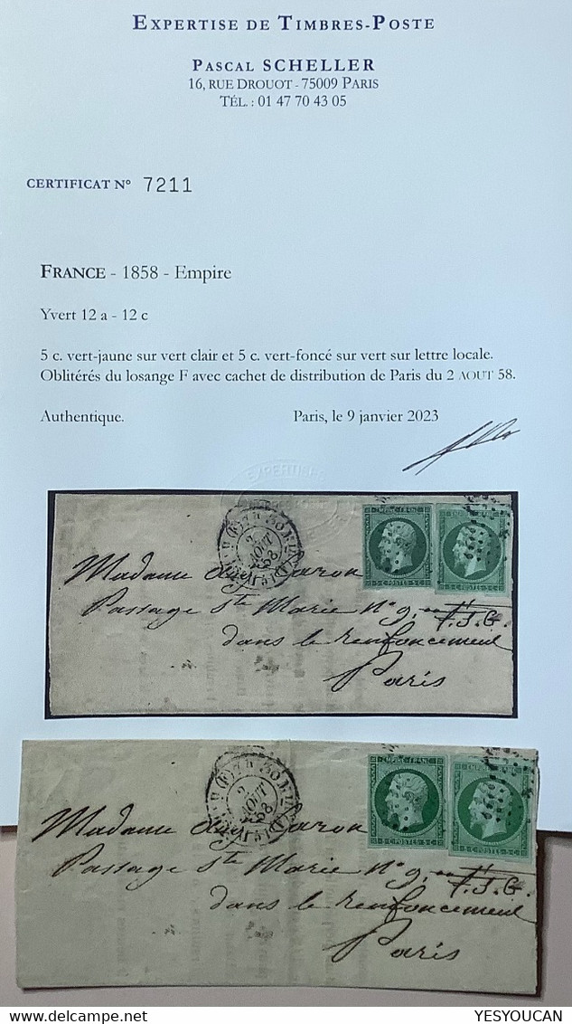 YT 12a+12c RARE AFFR. DEUX COULEUR DIFF. Sur Lettre Locale PARIS 1858, TTB Certificat Scheller (France 1858 Empire 5c - 1853-1860 Napoléon III