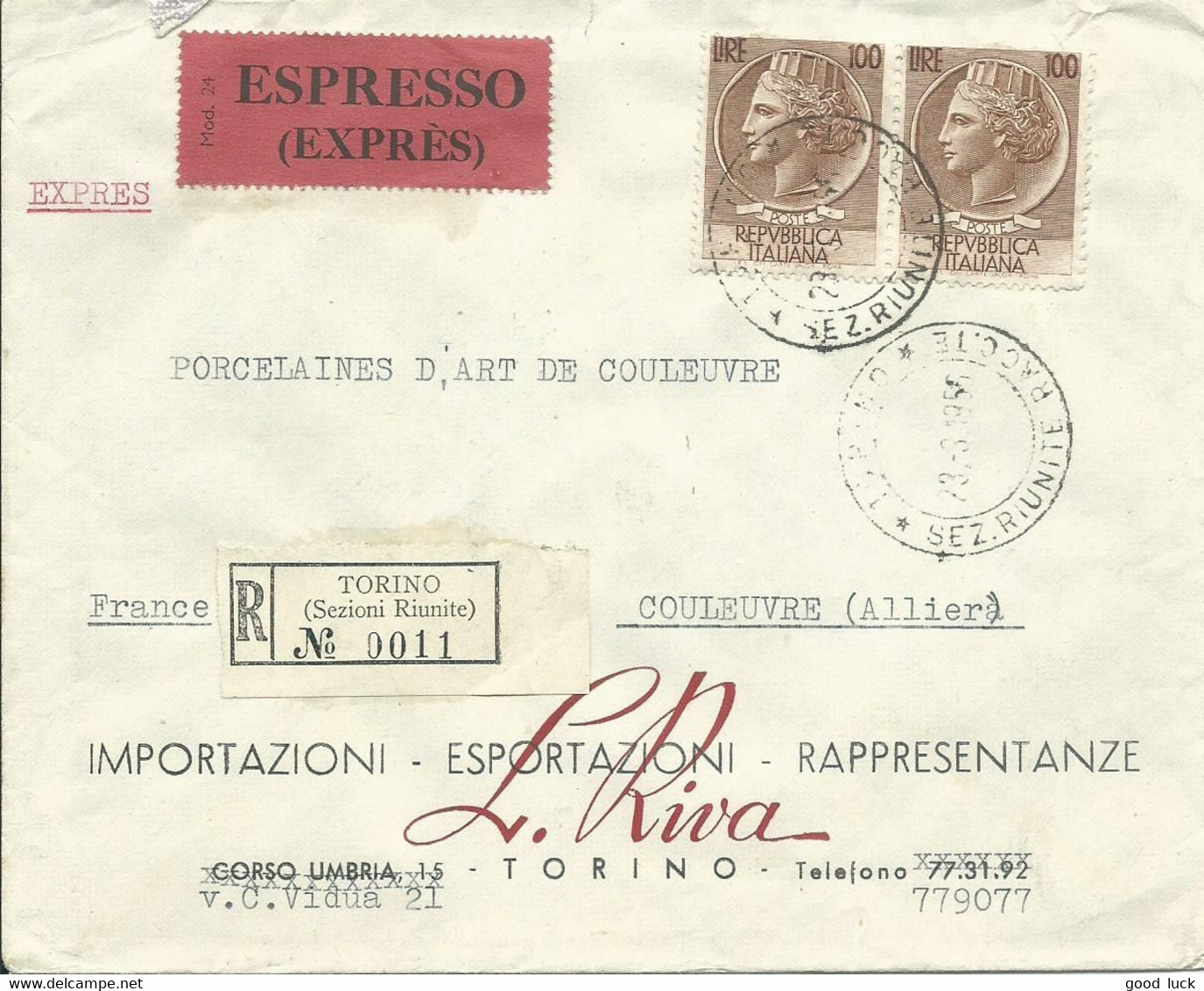 ITALIE 200 L SUR LETTRE RECOMMANDEE  DE TURIN POUR COULEUVRE ( ALLIER )  EN EXPRES DE 1956 LETTRE COVER - 1946-60: Marcofilia