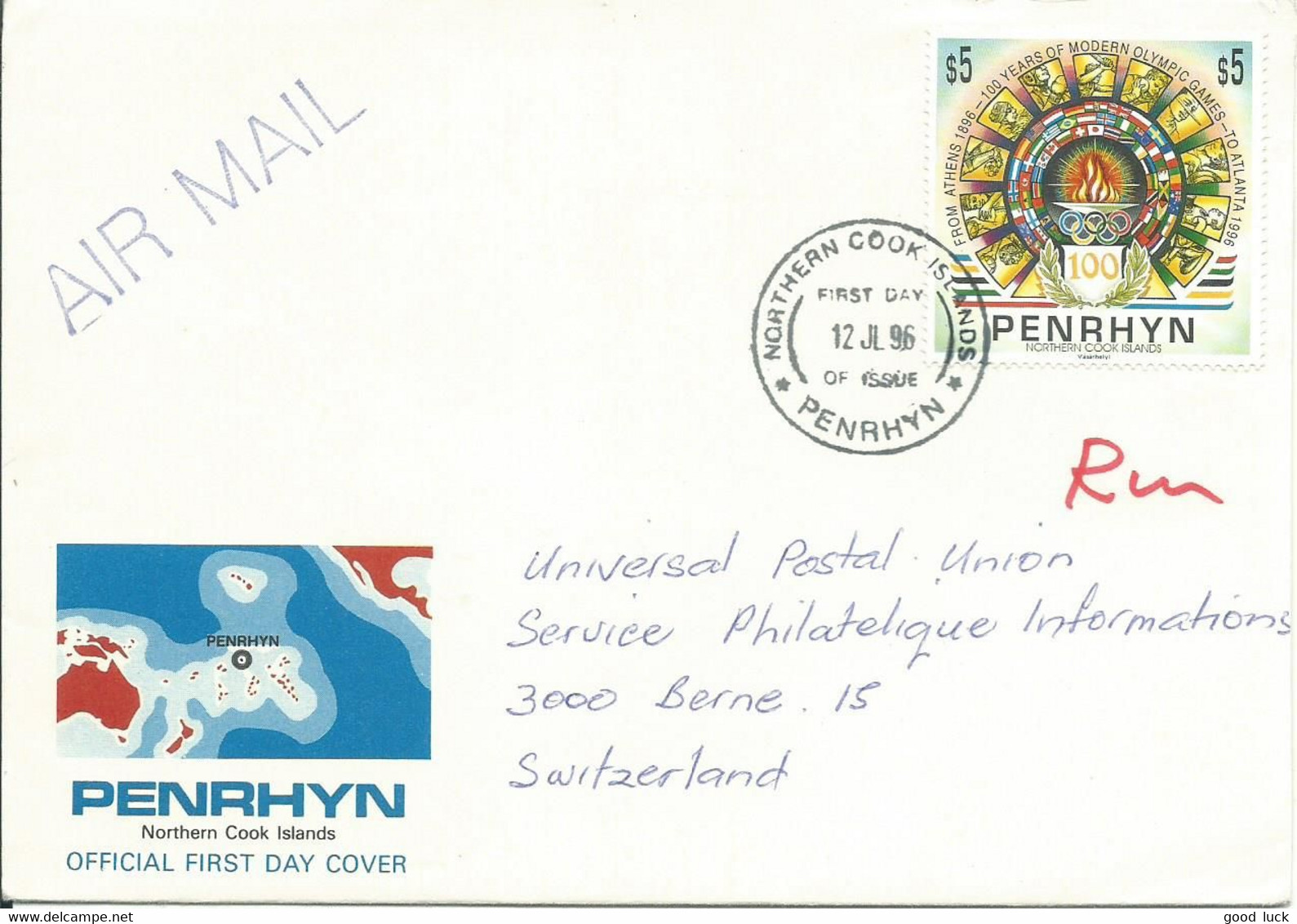 PENRHYN FDC 5$ CIRCULE PAR AVION  POUR BERNE ( SUISSE ) EN 1996   LETTRE COVER - Penrhyn