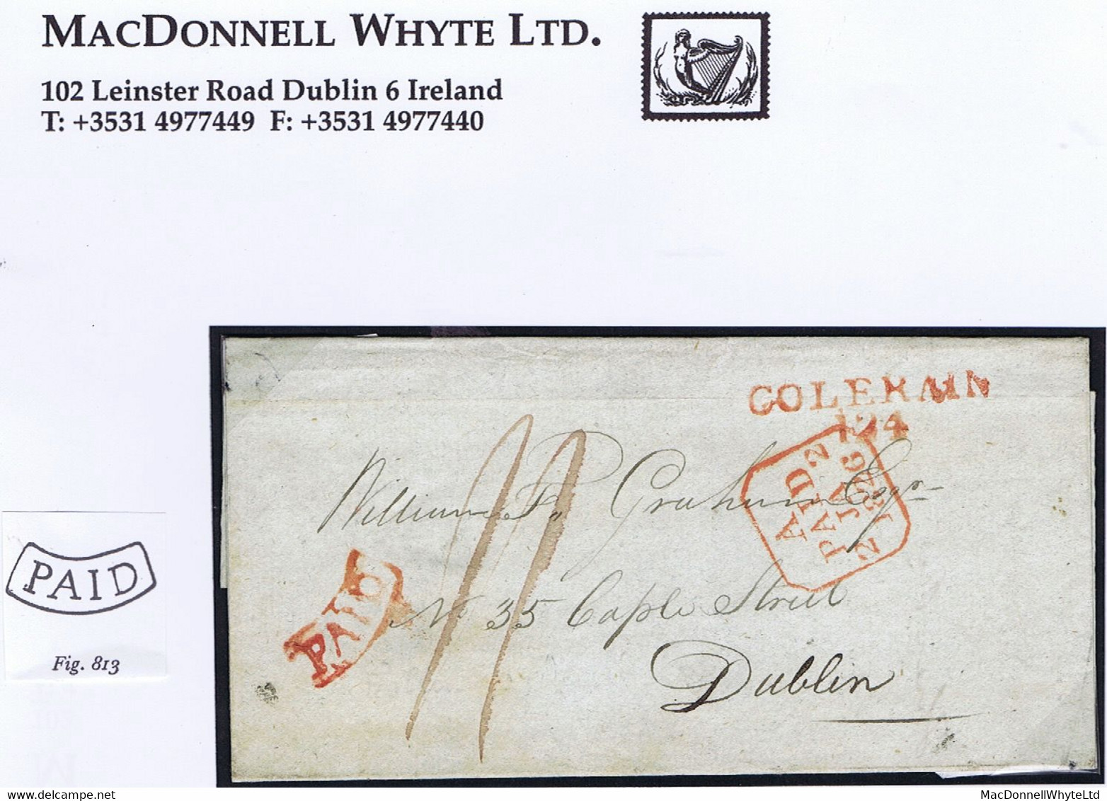 Ireland Derry 1826 Cover To Dublin, Prepaid "11" Single, Rare Arc PAID Of Coleraine In Red, Matching COLERAIN/124 Mileag - Prephilately