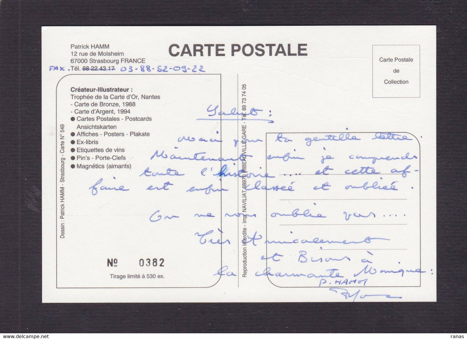 CPM Egypte Tirage Limité En 530 Ex. Numérotés Par L'ariste Patrich Hamm Signature Autographe - Andere & Zonder Classificatie