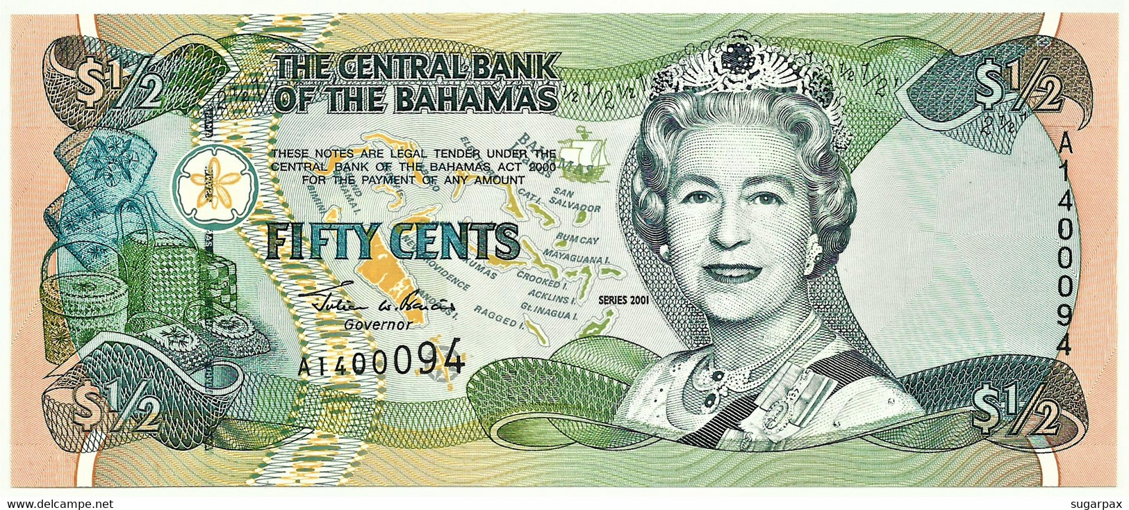 Bahamas - 50 Cents - 1/2 Dollar - 2001 - Pick: 68 - Unc. - Serie A - Queen Elizabeth II - Bahama's