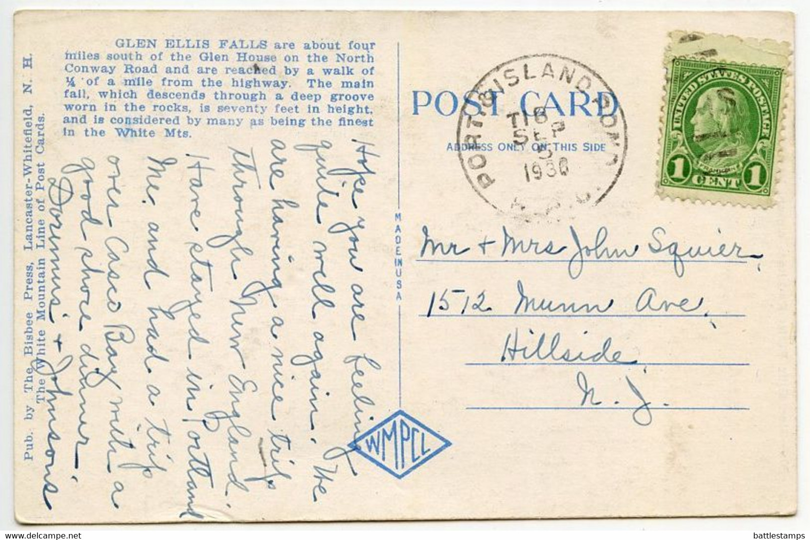 United States 1936 Postcard Glen Ellis Falls White Mountains - New Hampshire; Portland & Island Pond RPO Postmark - White Mountains