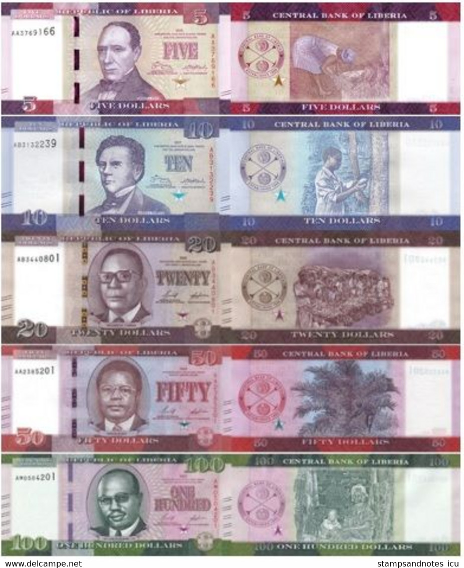 LIBERIA 5 10 20 50 100 Dollars 2016 - 2022 UNC 5 Banknotes Set Matching Two Last Serials - Liberia