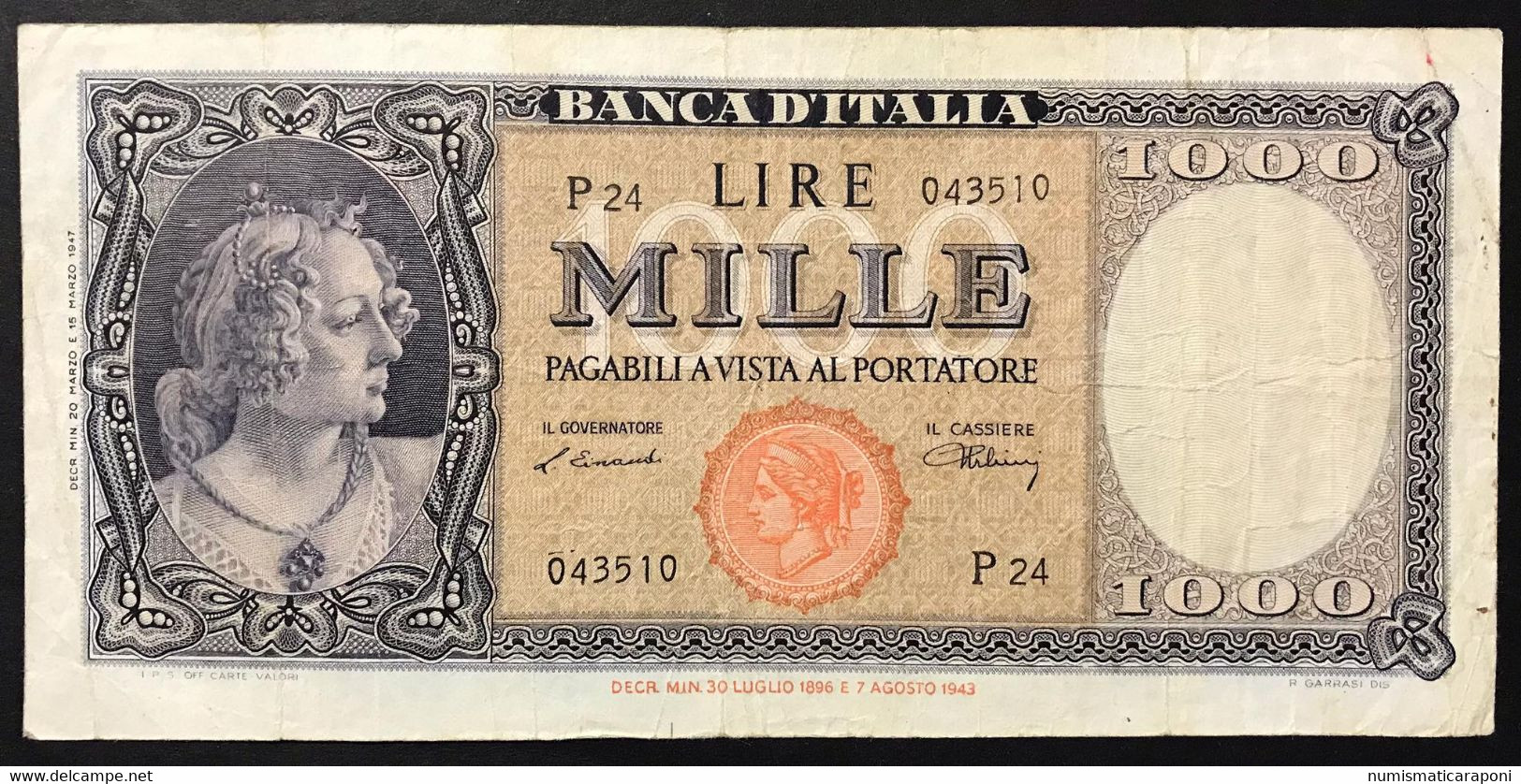 1000 Lire Italia Testina 20 03 1947 Rara Q.bb Naturale LOTTO 4375 - 1000 Lire