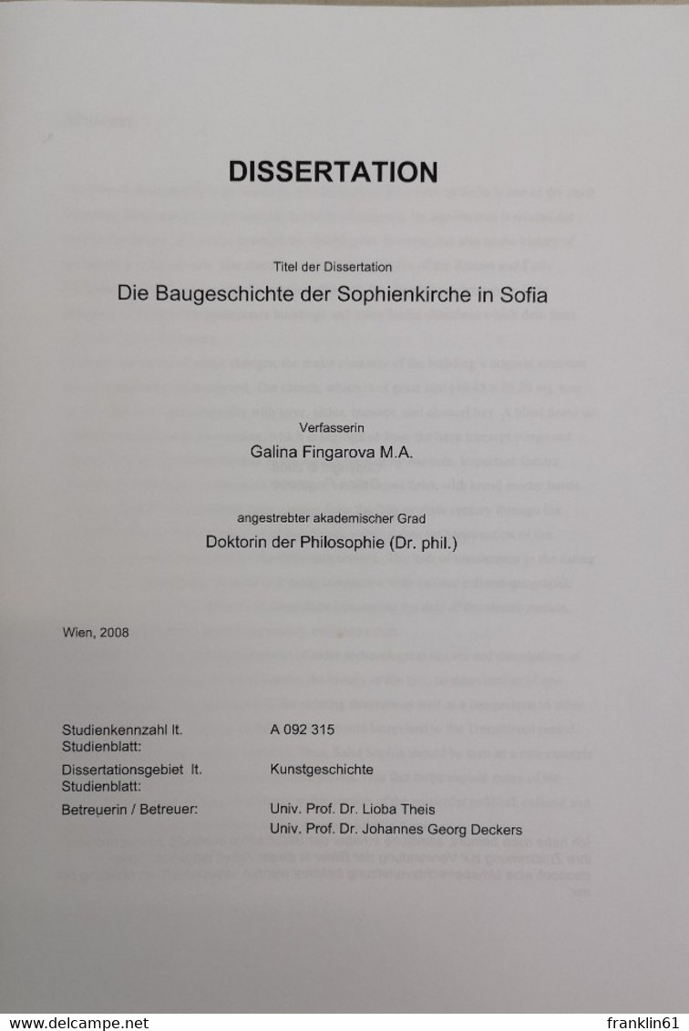 Die Baugeschichte Der Sophienkirche In Sofia. Dissertation. - Architektur