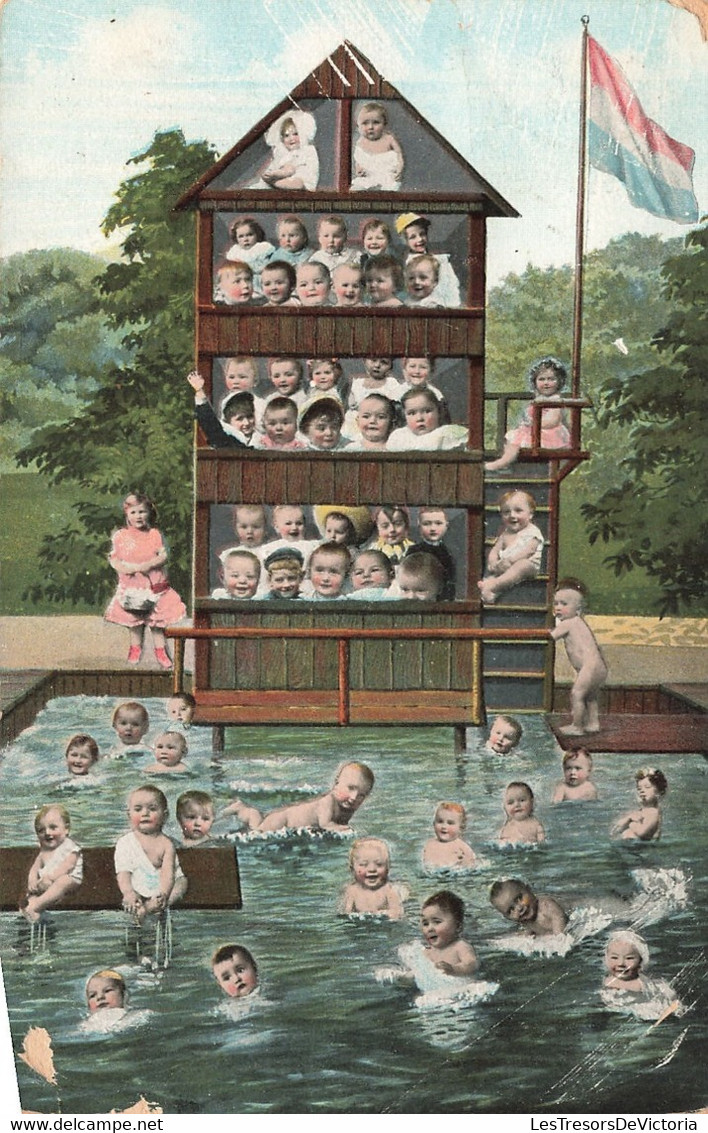 Fantaisies - Bébé - Enfant - Colorisé - Piscine - Drapeau - Edit. K.V.I.B.12 Série 1405 - Carte Postale Ancienne - Autres & Non Classés