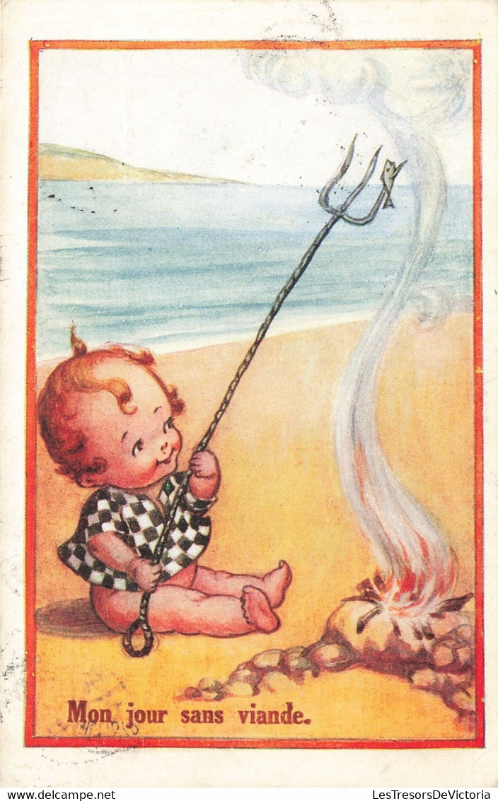 Fantaisies - Mon Jour Sans Viande - Bébé - Poisson - Plage - Trident - Colorisé  - Carte Postale Ancienne - Baby's