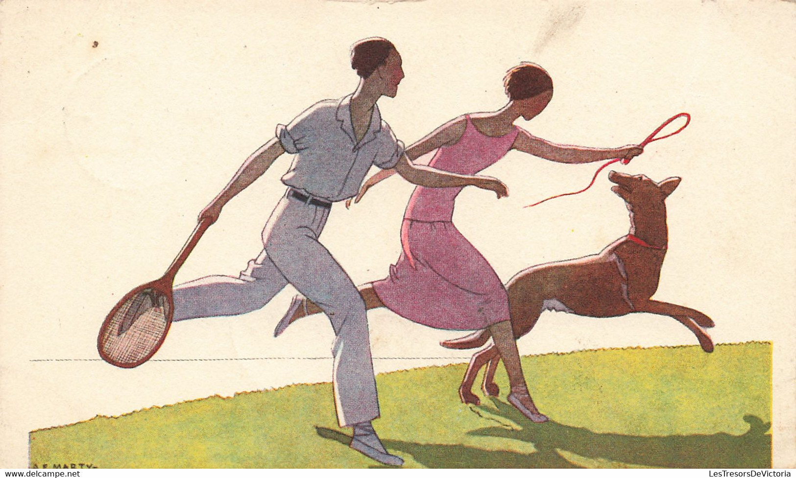 Fantaisies - Couple - Tennis - Chien - AE.Marty - Léon Ullman Gr. - Oblitéré Mettet 1933 - Carte Postale Ancienne - Vrouwen