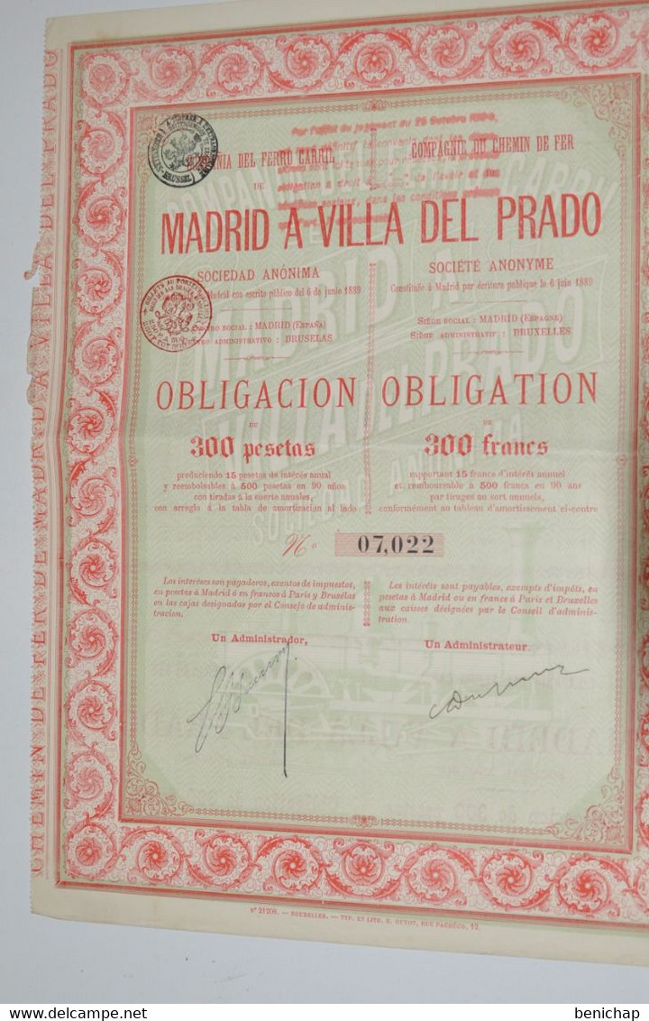 Compagnie Du Chemin De Fer Madrid A Villa Del Prado - Obligation De 300 Pesetas - Madrid Juin 1889. - Chemin De Fer & Tramway