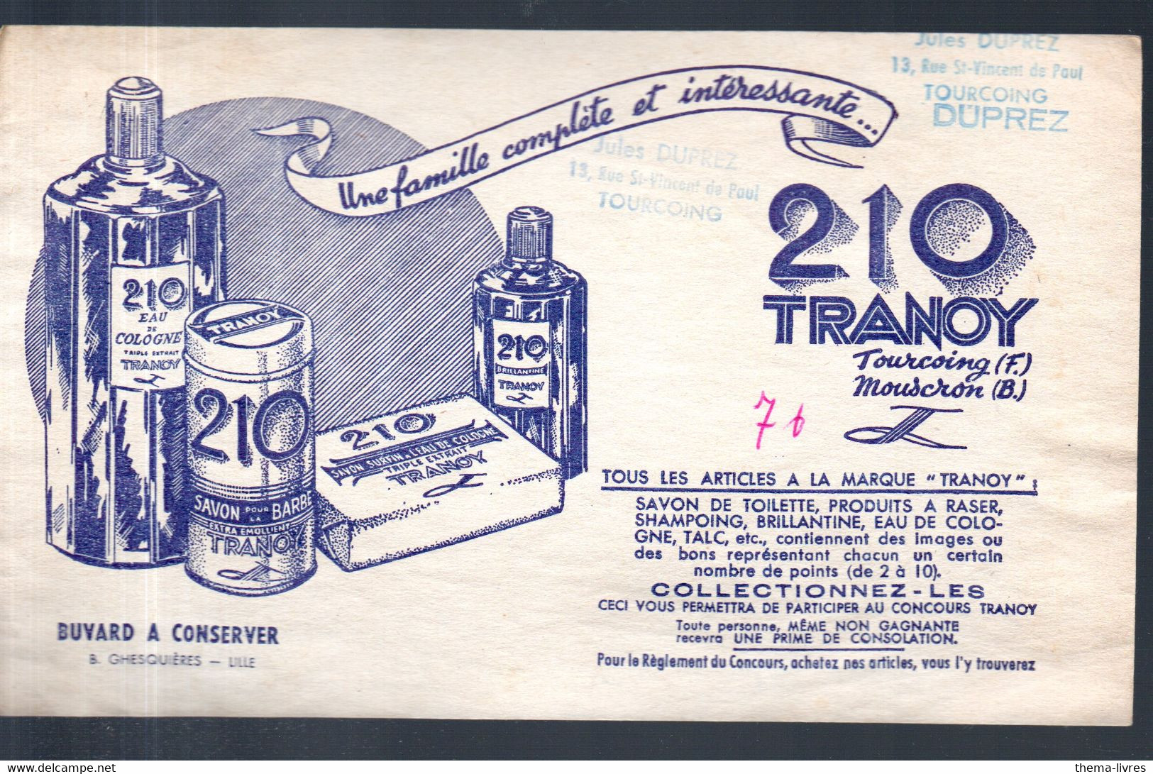 Tourcoing(59)  Buvard 210TRANOY Produits De Toilete  (M5138) - Parfum & Kosmetik