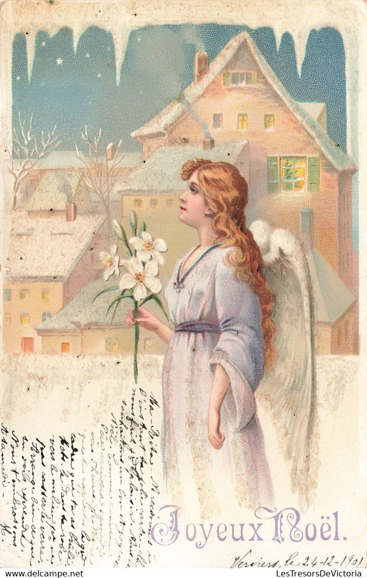 Fantaisies - Joyeux Noël - Ange - Fleur - Paillette - Précurseur - Colorisé - Daté 1901 - Carte Postale Ancienne - Sonstige & Ohne Zuordnung