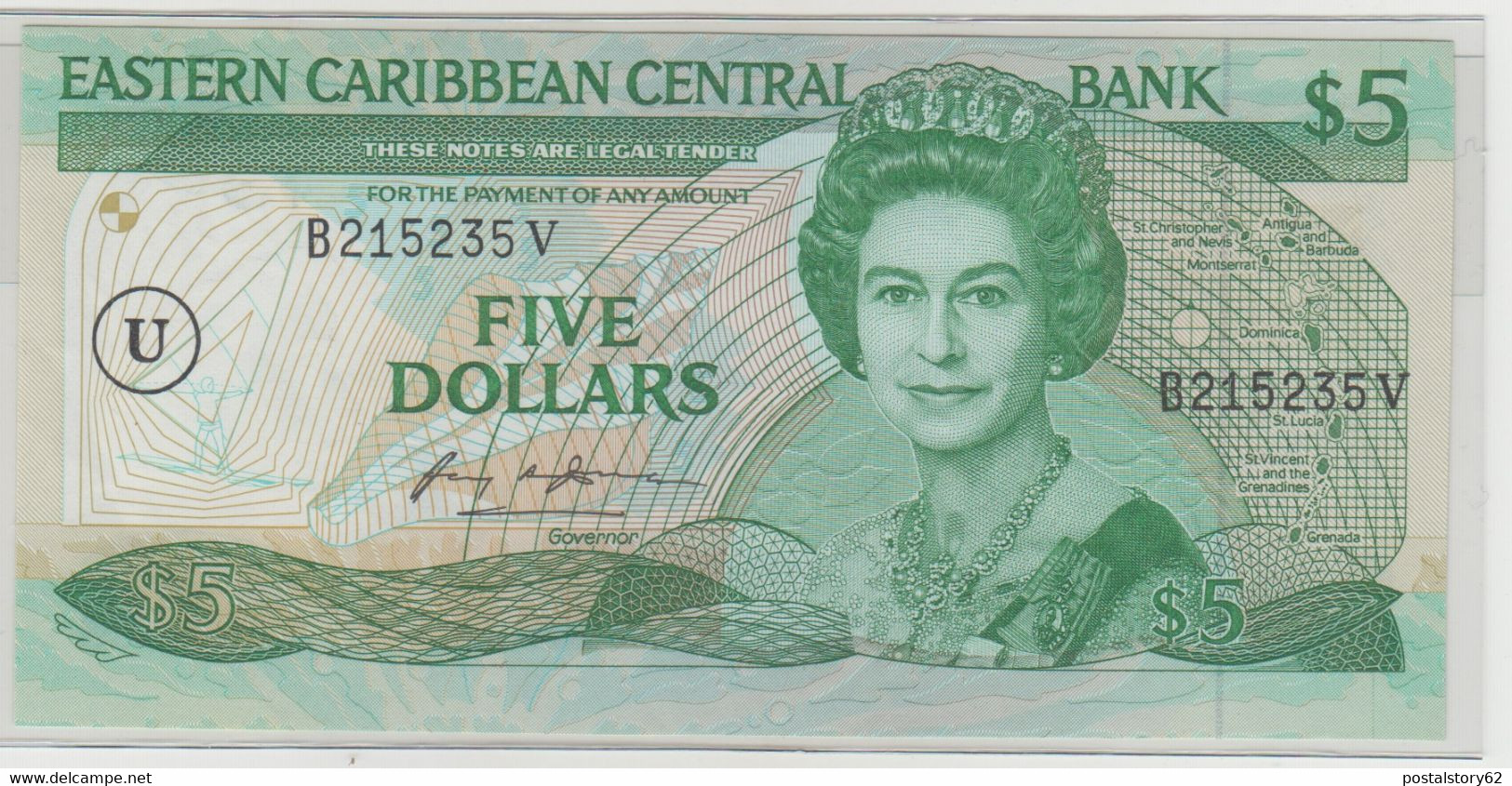 Eastern Caribbean Central Bank  Five  Dollars 1988 " U " In Circle ( Anguilla ) On Suffix Letter ( V ) Unc ( FDS) - Caribes Orientales