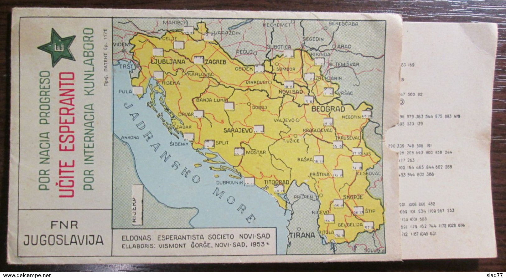 Learn ESPERANTO - Yugoslavia Map Card - Novi Sad 1953 - Esperanto