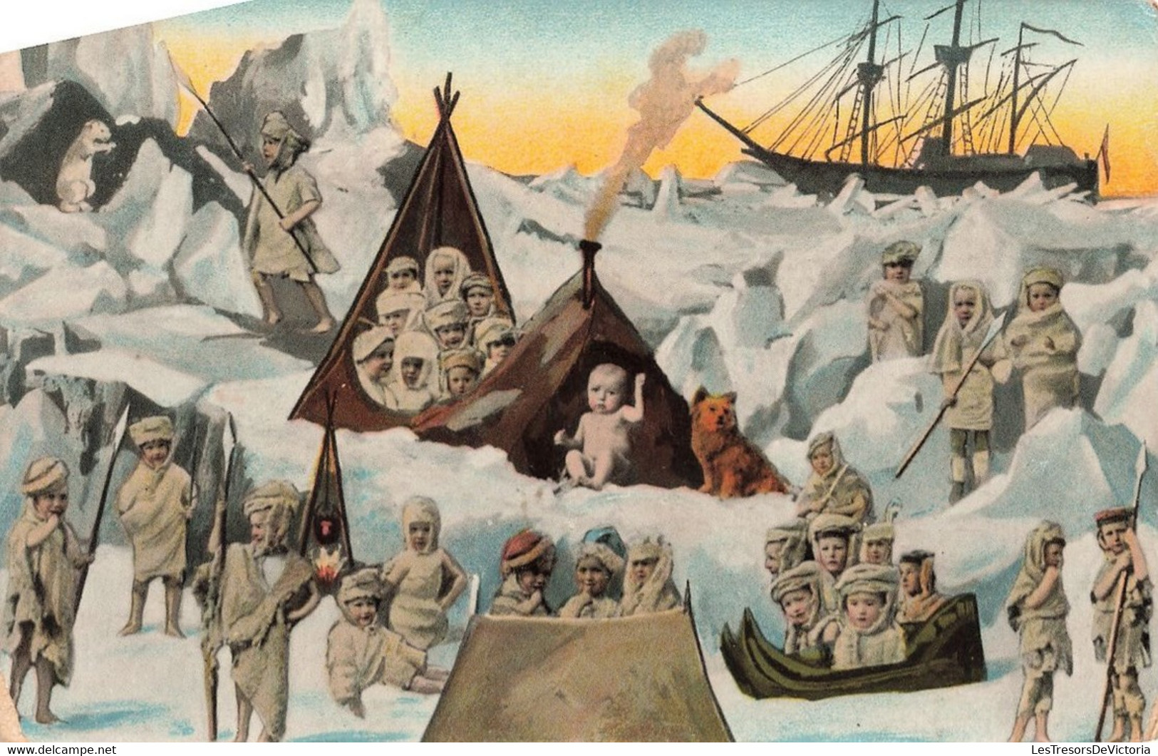 Fantaisies - Enfant - Bébé - Bateau - Glace - Tente - Colorisé - Harpon - Carte Postale Ancienne - Bébés