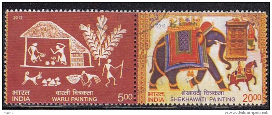 India Used 2012, Se-tenent, Shekhawati &amp; Warli Art Painting, Elephant, Horse, Dog, Etc (sample Image) - Gebruikt