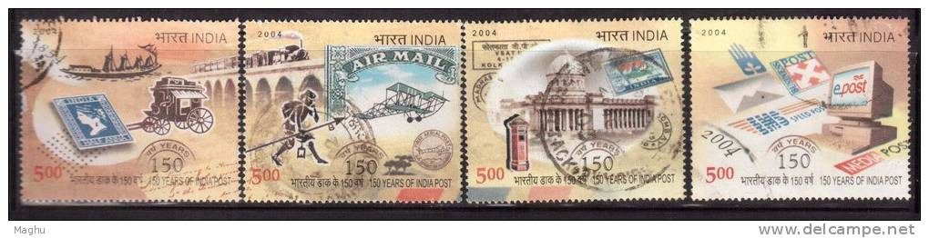 India 2004 Used, Set Of 4,  India Post, Transport, Train Over Bridge, Ship, Carrage, Airplane, Computer, Letterbox - Oblitérés