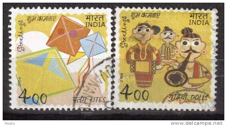 India  Used 2004, Set Of 2,  Greetings, Kite, Music Instrument, Dolls, (sample Image) - Used Stamps