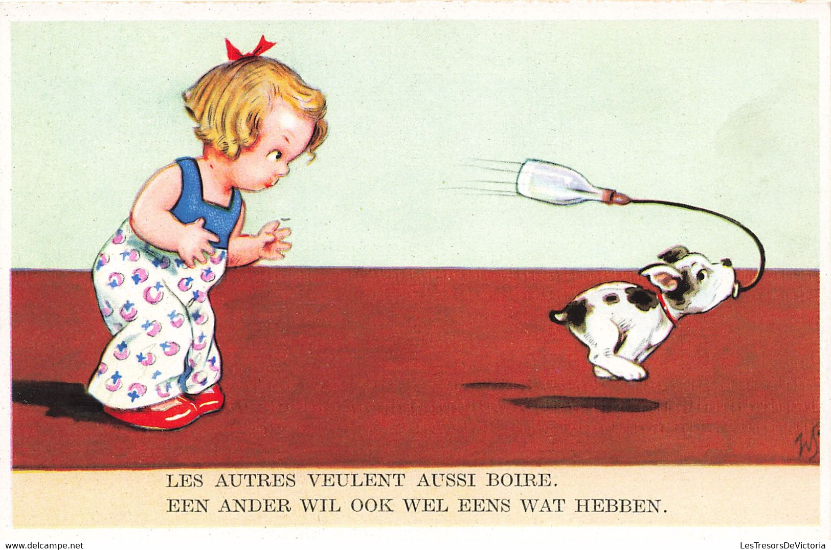 Fantaisies - Les Autres Veulent Aussi Boire - Humour - Chien Qui Vole Le Biberon - Coloprint - Carte Postale Ancienne - Bébés