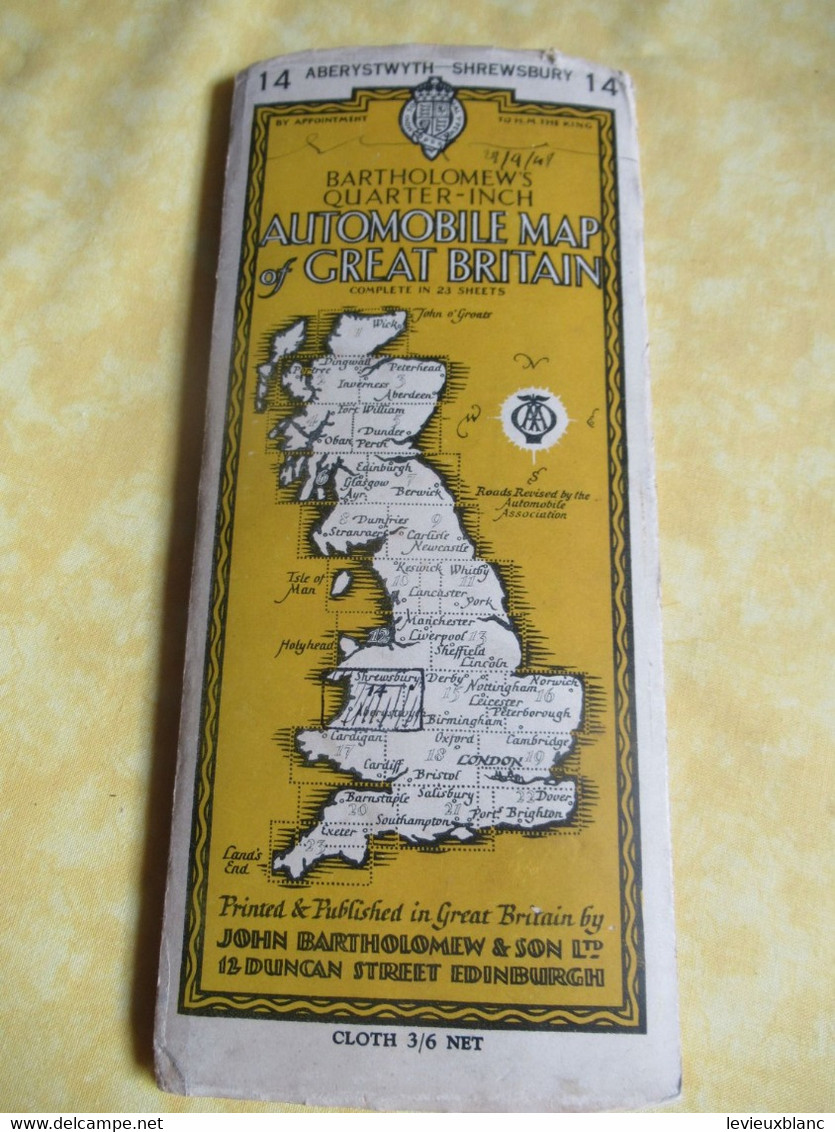 Automobile Map Of Great Britain/ ABERYSTWYTH-SHREWSBURY/John Bartholomew & Son/ Edinburgh/1947         PGC489 - Roadmaps