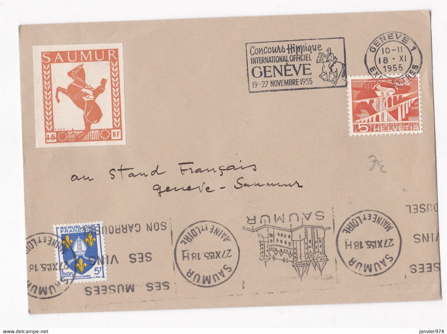 Enveloppe Affranchissement France Suisse 1955 Concours Hippique De Genève. Vignette Saumur. - Horses