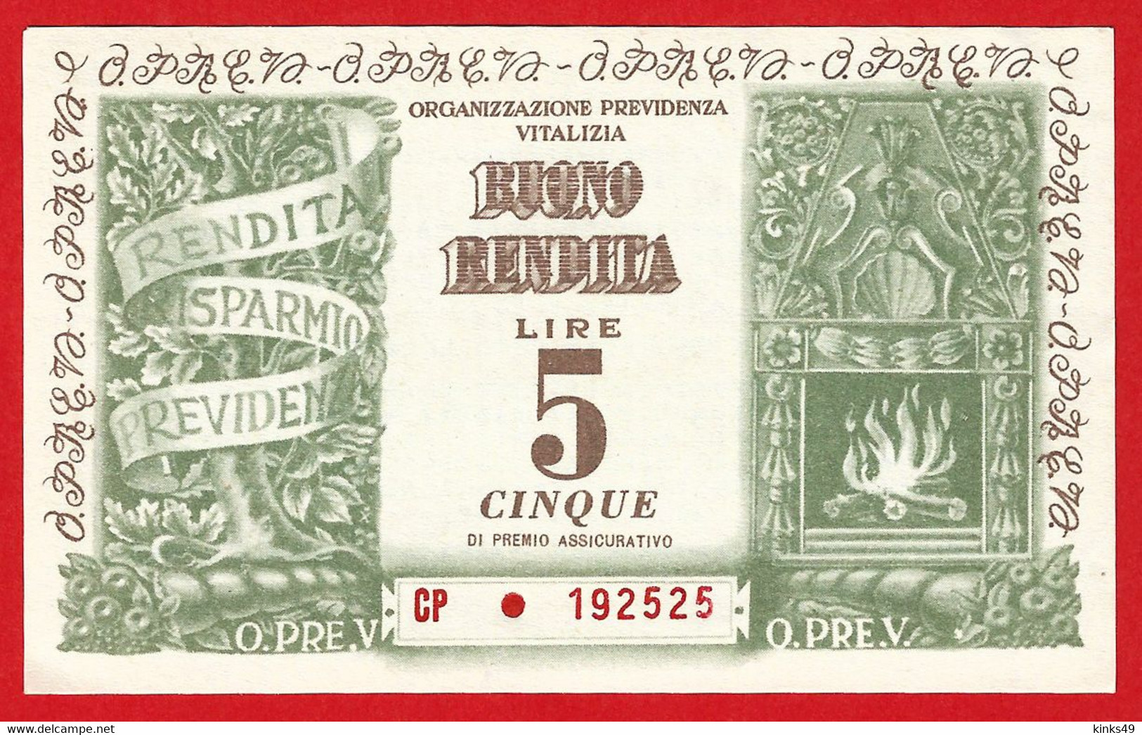 174> BUONO RENDITA 5 Lire < Previdenza Vitalizia > Scadenza: 30 SETTEMBRE 1959 - Sonstige & Ohne Zuordnung