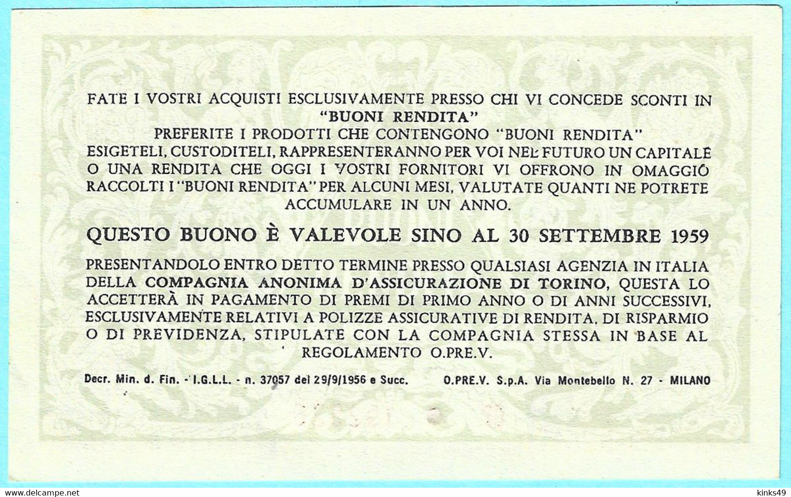 174> BUONO RENDITA 5 Lire < Previdenza Vitalizia > Scadenza: 30 SETTEMBRE 1959 - Sonstige & Ohne Zuordnung