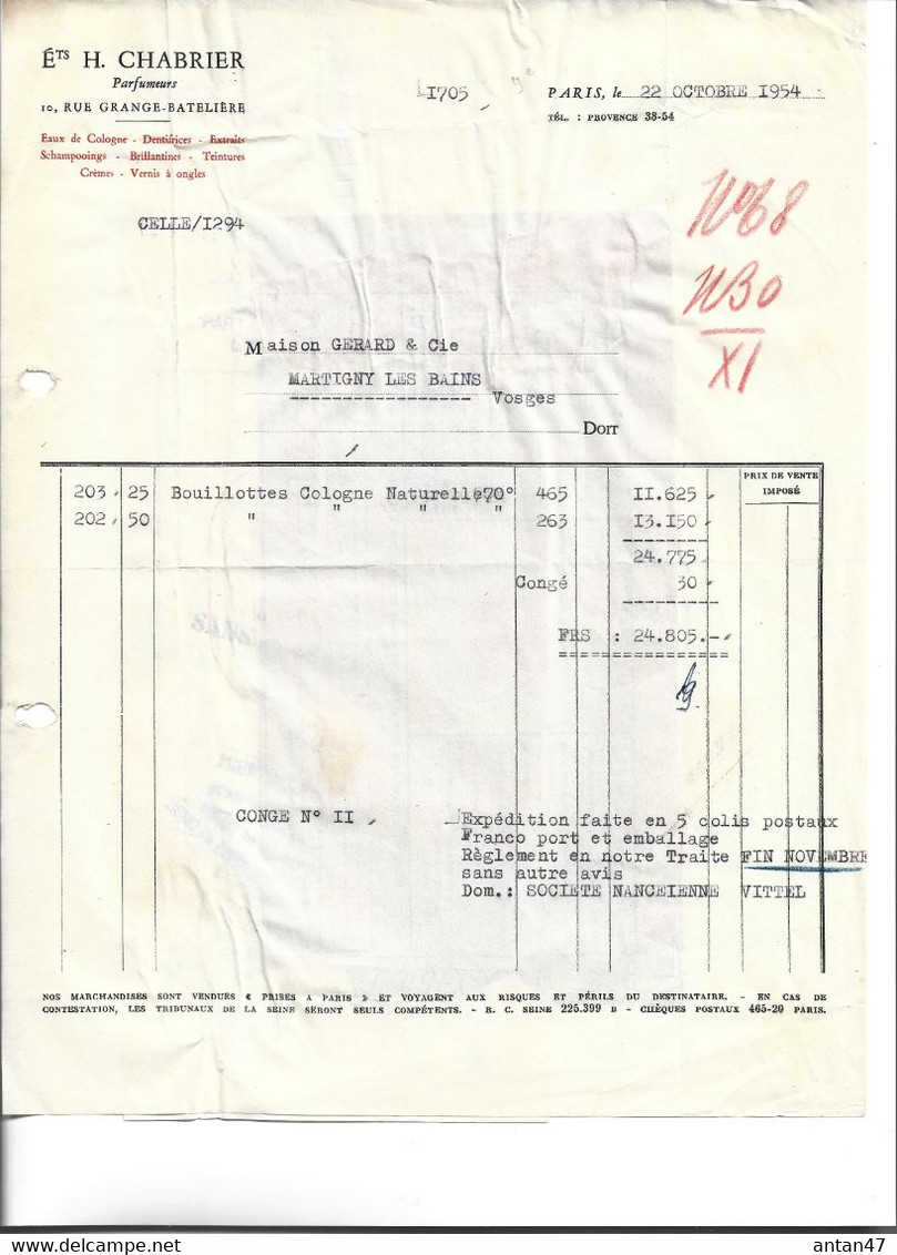 Facture, Traite & Congé De Registre Cont Indirectes 1954 / 75009 PARIS / Parfumeur CHABRIER - Droguerie & Parfumerie