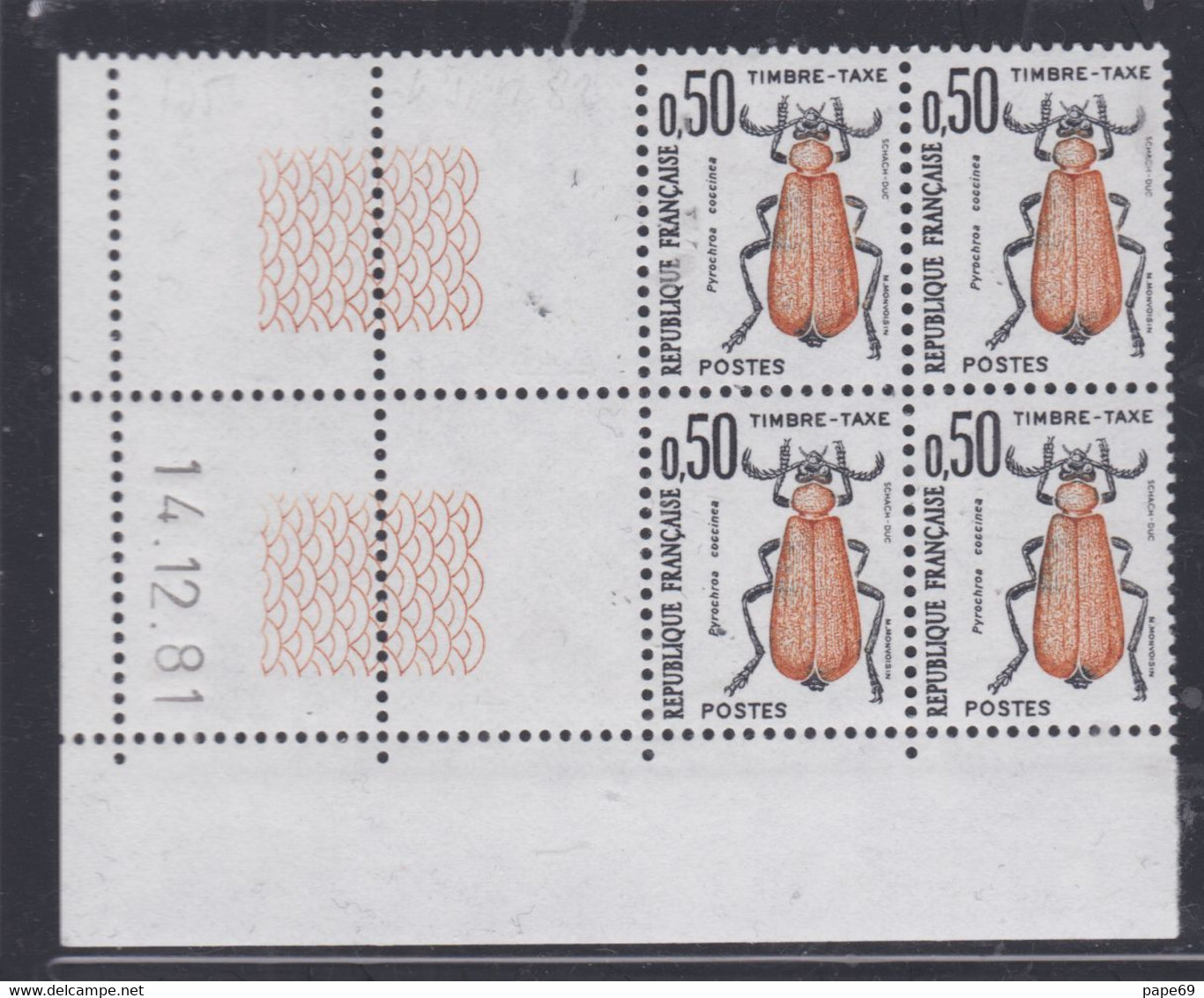 France Timbres-Taxe N° 105 XX Insectes : 50 C. Coléoptère, En Bloc De 4 Coin Daté Du 14 .12 . 81 ; Sans Trait, Ss Ch. TB - Postage Due