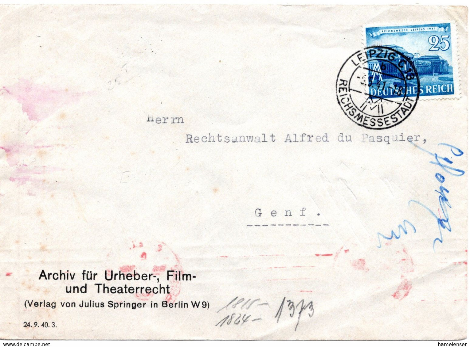 56639 - Deutsches Reich - 1941 - 25Pfg Messe '41 EF A Bf M Dt Zensur LEIPZIG -> Schweiz, Abs: Archiv Fuer Filmrecht - Cinema
