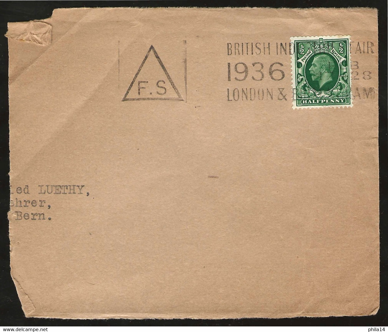 COVER HALFPENNY / 1936 TO BERN SWITZERLAND - Lettres & Documents