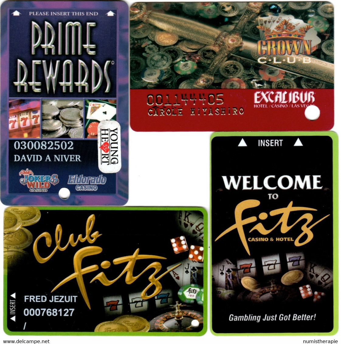 Lot De 4 Cartes Casino : Jokers World + El Dorado (NV) - Excalibur (LV) - Fitz (MS) X 2 - Casino Cards