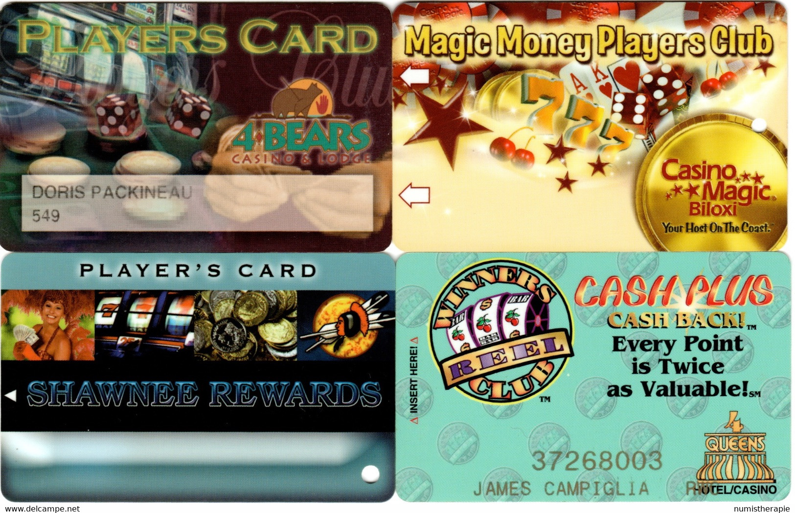 Lot De 4 Cartes Casino : 4 Bears (ND) - Magic (MS) - Shawnee (OK) - 4 Queens (LV) - Casinokaarten