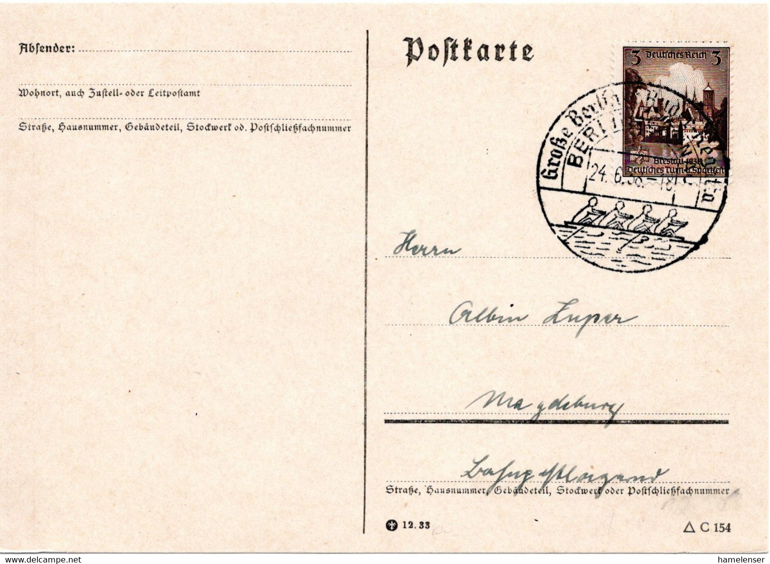 56662 - Deutsches Reich - 1938 - 3Pfg Turnfest EF A Kte SoStpl BERLIN - GROSSE BERLINER RUDERREGATTA -> Magdeburg - Rudersport