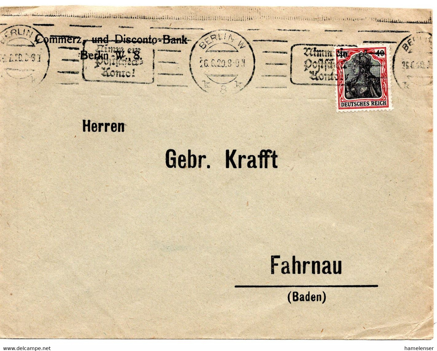 56666 - Deutsches Reich - 1920 - 40Pfg Germania EF A Bf BERLIN - NIMM EIN POSTSCHECKKONTO -> Fahrnau - Covers & Documents
