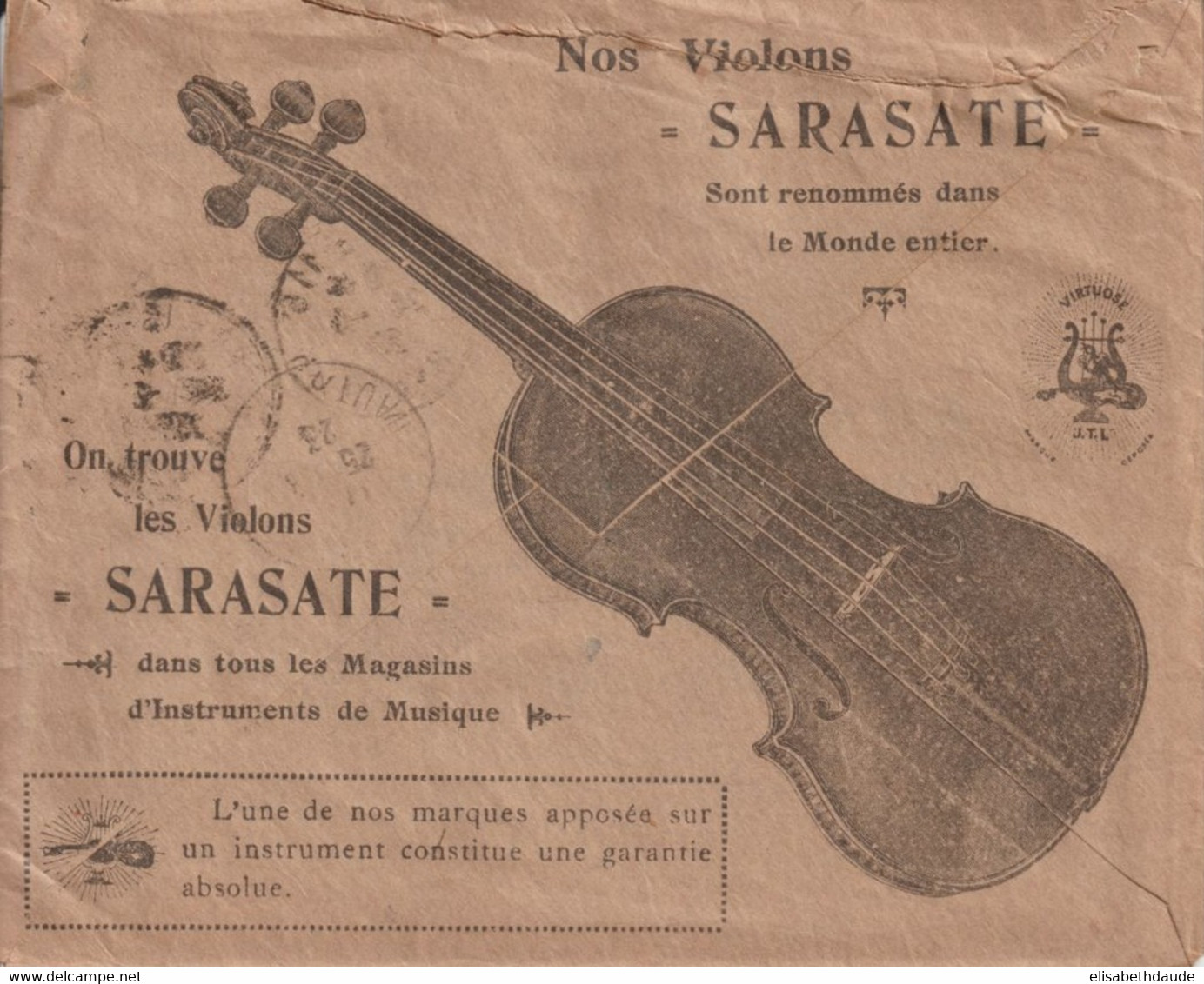 1925 - SEMEUSE PERFOREE (PERFIN) Sur SUPERBE ENV. PUB DECOREE (VOIR DOS) "LUTHIERS THIBOUVILLE-LAMY" à PARIS - MUSIQUE - Storia Postale