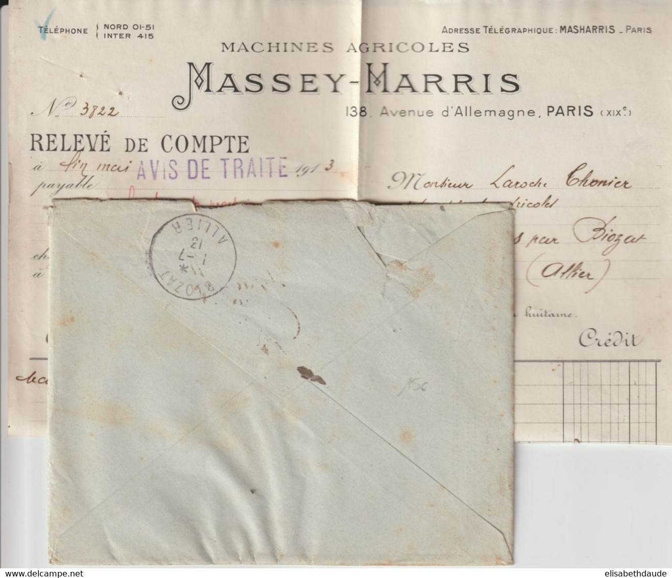 1913 - SEMEUSE PERFOREE (PERFIN) Sur ENVELOPPE PUB "MACHINES AGRICOLES MASSEY-HARRIS" De PARIS - Briefe U. Dokumente