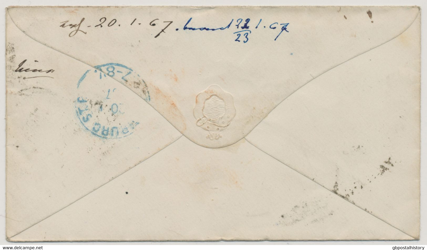 GB 16.1.1867, QV 1d Pl. 92 (JL) With Duplex "LONDON-W / W / 19", Black "INSUFFICIENTLY / STAMPED" And Red Manuscript "8" - Brieven En Documenten