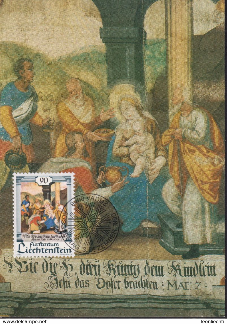 1990 Liechtenstein MC 98 Mi: LI 1007°, Y&T: LI 948°, ZNr. LI 949°, Weihnachten,  Anbetung, Geschenke - Storia Postale