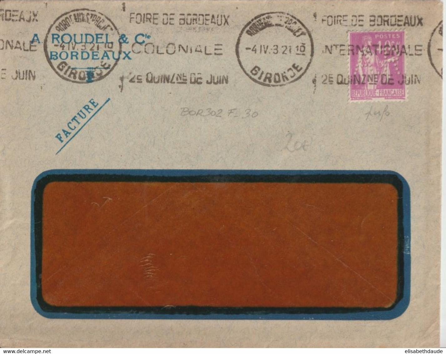 1933 - PAIX PERFORE (PERFIN) Sur ENVELOPPE PUB "ROUDEL & Cie" De BORDEAUX Avec MECA FOIRE COLONIALE - Cartas & Documentos