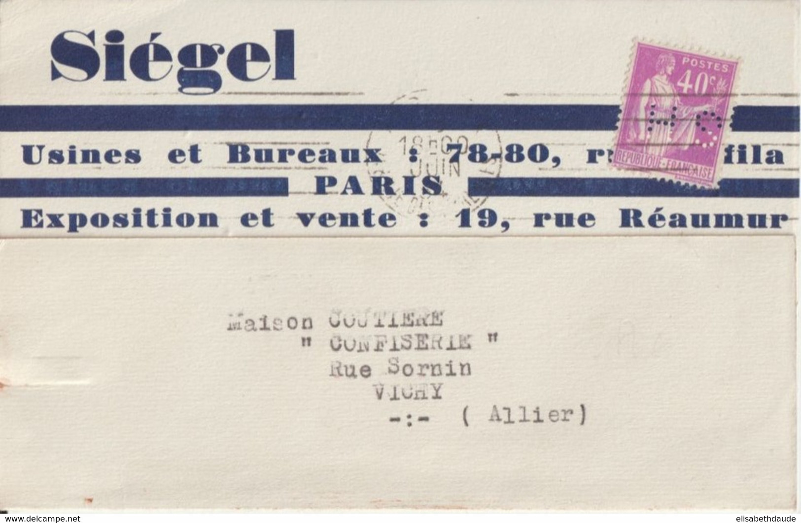 1934 - PAIX PERFORE (PERFIN) Sur CARTE PUB "SIEGEL" De PARIS - Storia Postale