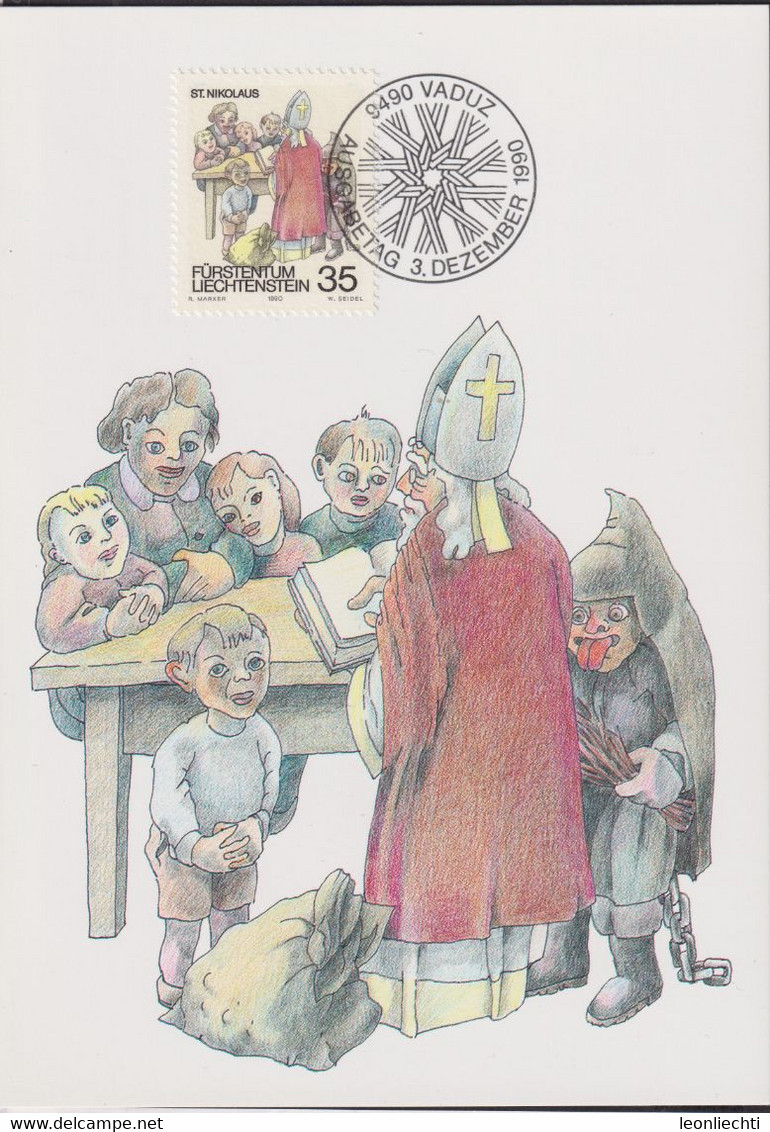 1990 Liechtenstein MC 99 Mi: LI 1008°, Y&T: LI 949°, ZNr. LI 950°, Winterbräuche, Sankt Nikolaus Mit Kinder - Covers & Documents