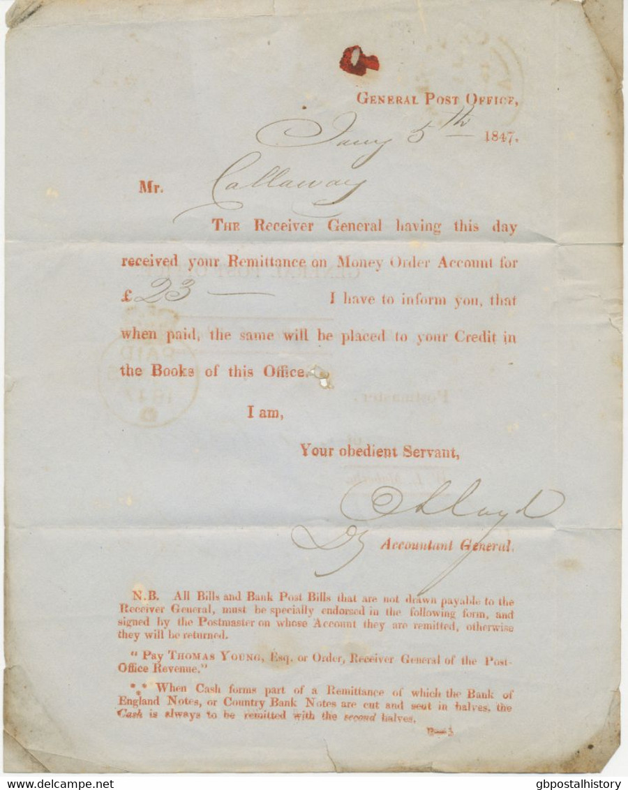 GB MONEY ORDER OFFICE 1847 Printed Matter Of The GENERAL POST-OFFICE - Remittance Letter Of Acknowledgment To Postmaster - Storia Postale