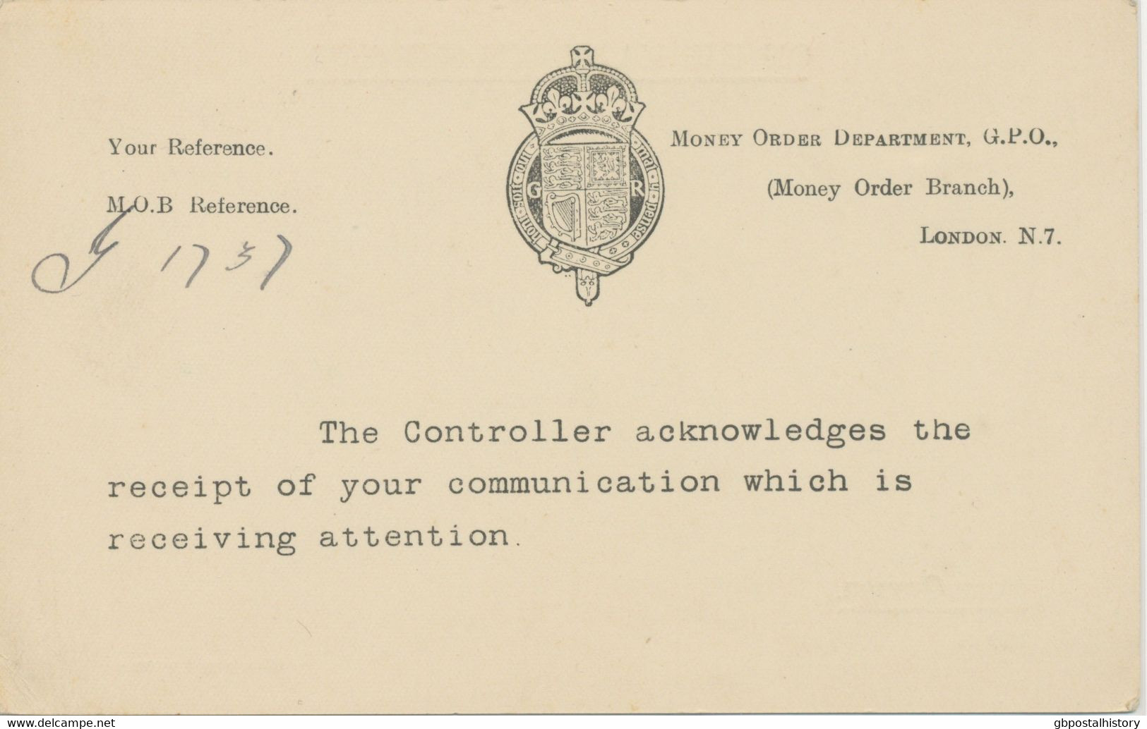 GB MONEY ORDER OFFICE 1847 Printed Matter of the GENERAL POST-OFFICE - Remittance Letter of Acknowledgment to Postmaster